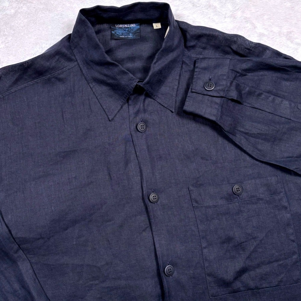 Lorenzini Button Down Shirt Men L Navy Blue Linen Long Sleeve Made Italy Coastal